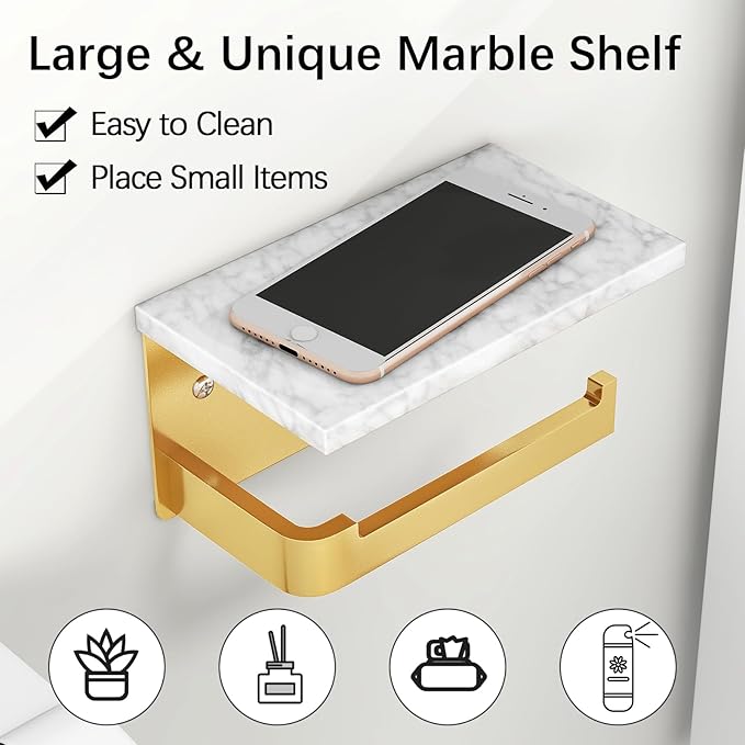 Toilet Paper Holder with Shelf, Extended Base Wall Mounted, Marble Toilet Roll Holder Black for Bathroom Washroom Gold