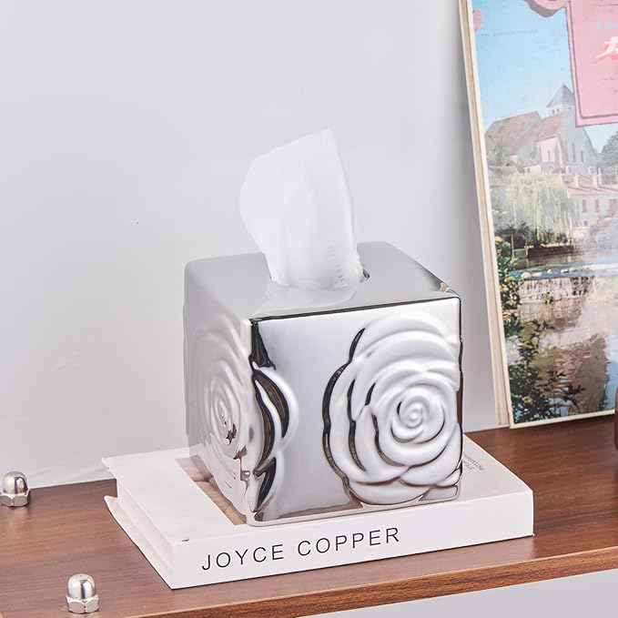 Silver Ceramic Cube Tissue Box Cover with Rose – Large Elegant Rose Floral Square Decorative Tissue Box Holder for Bathroom, Bedroom, Office Desk, Kitchen Counter – Perfect Housewarming Gift
