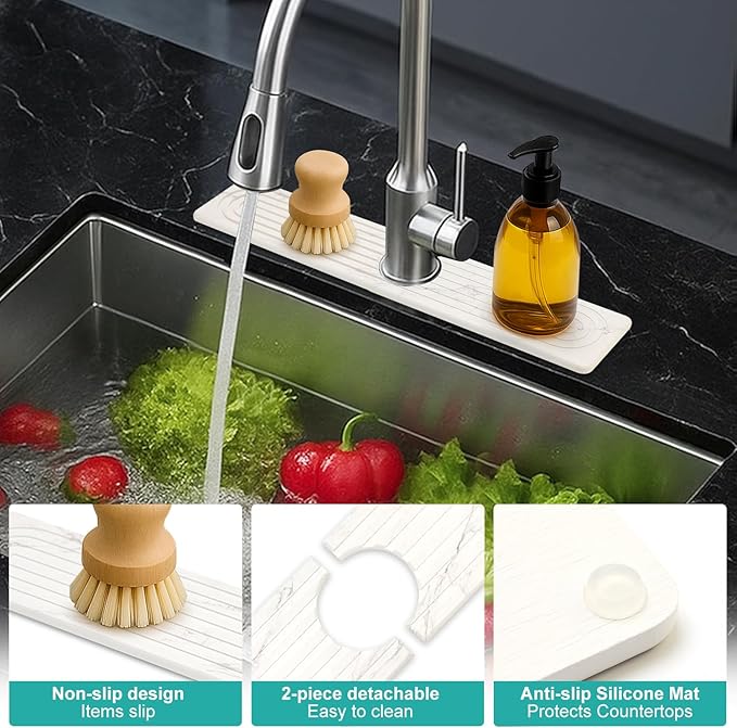 Small White Marble Stone Faucet Mat for Kitchen Sink Water Absorbing Durable Protector for Bathroom Counter Diatomite Quick Drying Stone Tray Sink Splash Guard Kitchen Counter Accessories