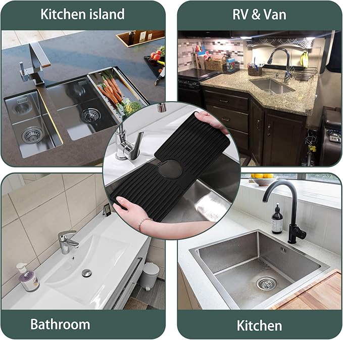 Faucet Mat for Kitchen Sink, Silicone Faucet Handle Drip Catcher Tray, Drying Mat as Sponge and Soap Holder with Lateral Inflow for Kitchen Bathroom Farmhouse & RV Sink Accessories (Black)