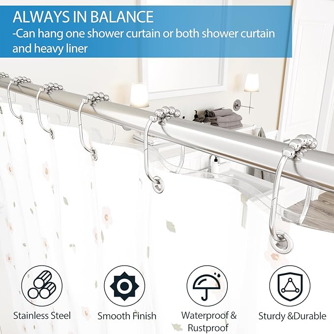 12PCS Wide Shower Curtain Hooks, Rust Proof Stainless Steel Shower Curtain Rings, Heavy Duty Shower Hooks for Bathroom Shower Rods Curtains, Easy Glide Rollers, Set of 12, Bright Chrome