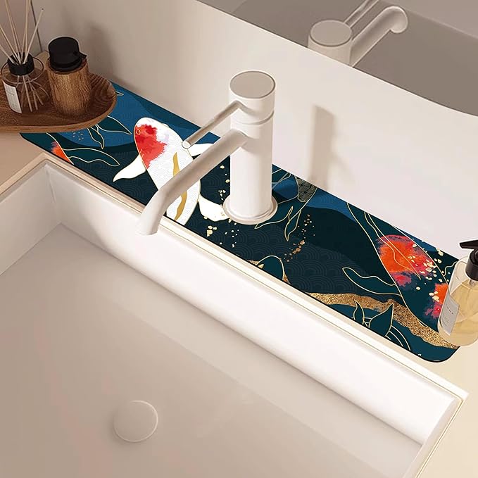 Oriental Japanese Koi Fish Sink Faucet Absorbing Mat Sink Splash Guard Faucet Mat Draining Mat Fast Drying Sink Protectors for Kitchen and Bathroom 5.5"×24"