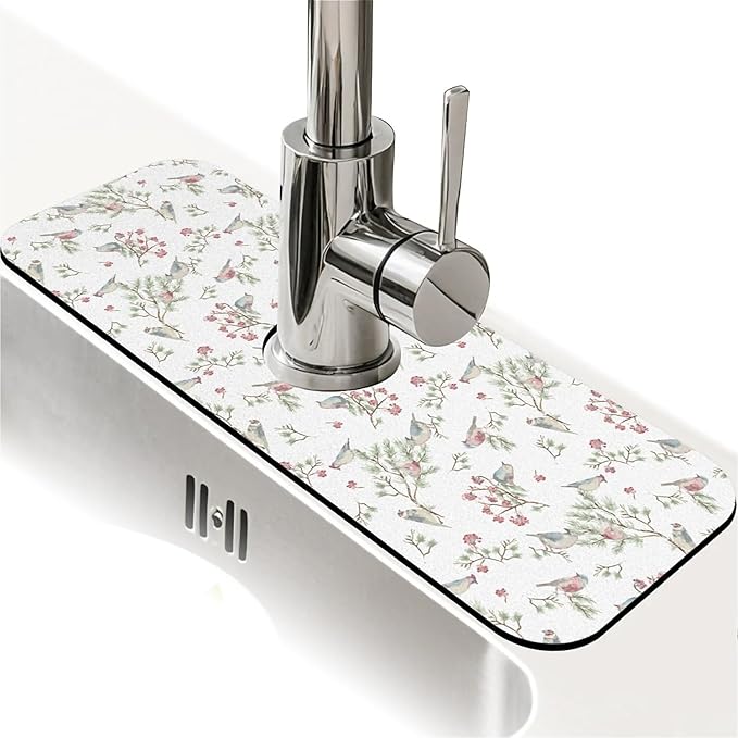 Faucet Draining Mat For Kitchen Sink, Vintage Watercolor Birds Diatom Mud Absorbent Drain Pad For Bathroom Kitchen Sink Splash Guard Drying Mat