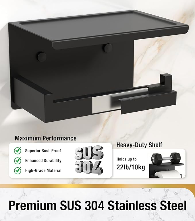 HITSLAM Toilet Paper Holder with Shelf, Stick on Matte Black Toilet Paper Roll Holder, Self Adhesive or Wall-Mount with Screws for Bathroom,Washroom