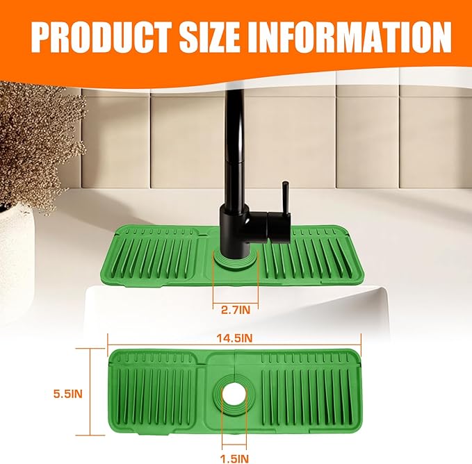 14.5" Green Silicone Faucet Mat for Kitchen Sink – Button Style Faucet Drip Catcher Sink Splash Guard with 6° Slope, Behind Faucet Draining Mat | Leak-Proof Countertop Protector for Kitchen Bathroom