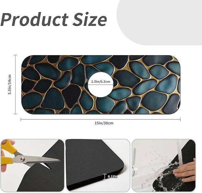 Kitchen Sink Splash Guard，Blue and gold stones Faucet Mat Sink Gadgets-Super Absorbent Fast Drying Mat Drip Catcher for Kitchen, Bathroom,Sink Mat, Dish Drying Mat, Bathroom(15" X 5.5" )