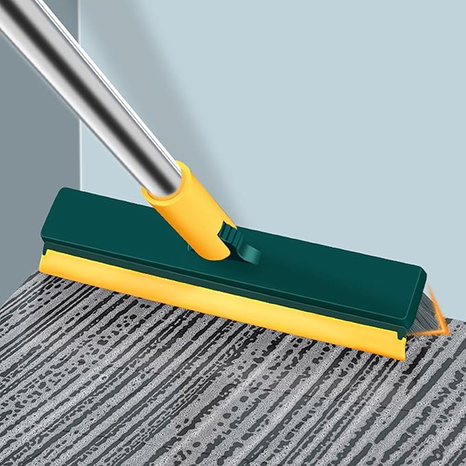 2 in 1 Floor Brush Scrubber with Long Handle Rotating Grout Brush Scrape V Shape Scrub Brush with Squeegee Deck Scrubber Brush for Deck Bathroom Kitchen (Yellow and Green)