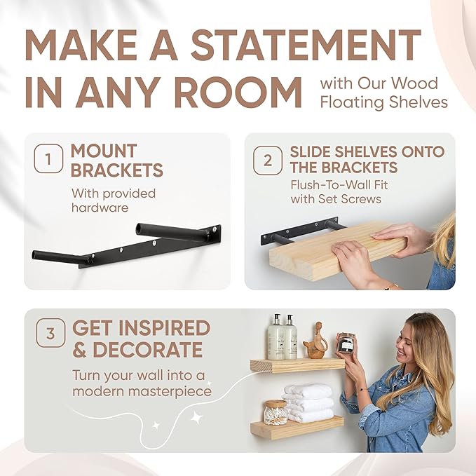 Homeforia Wood Floating Shelf 12 inch, High End Solid Natural Wood 12inch Floating Shelves for Wall Mounted, Unfinished Small Wooden Floating Shelves, Heavy Duty Bracket, 12 X 6.5 X 1.75 in, Set of 3