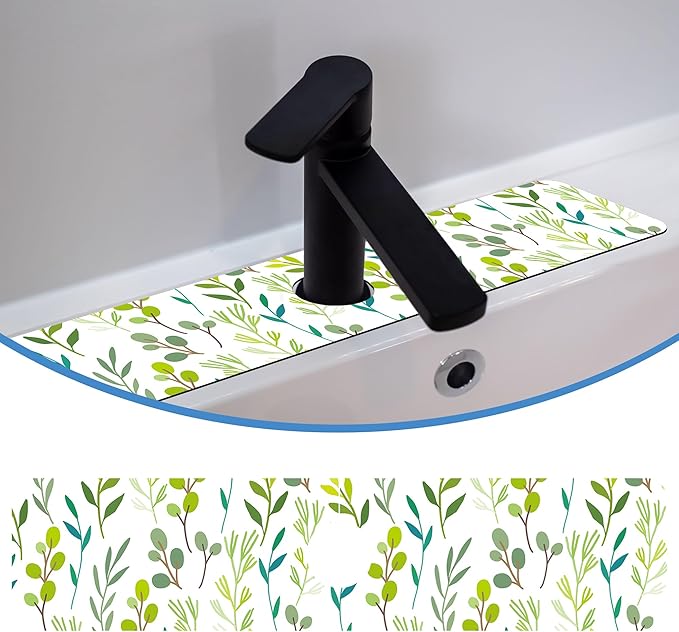 Faucet Mat for Kitchen Sink Color Art Leaves Grass, Soft Diatom Mud Material, Strong Water Absorption, Non-slip, Easy to Clean for Bathroom, Kitchen 23.5"X5.5"