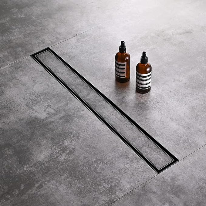 Linear Shower Floor Drain, Black 54 Inch 304 Stainless Steel Bathroom Drains Kit, Rectangular Shower Trench Drain with Reversable Tile-in Pattern Drain Cover & Hair Catcher