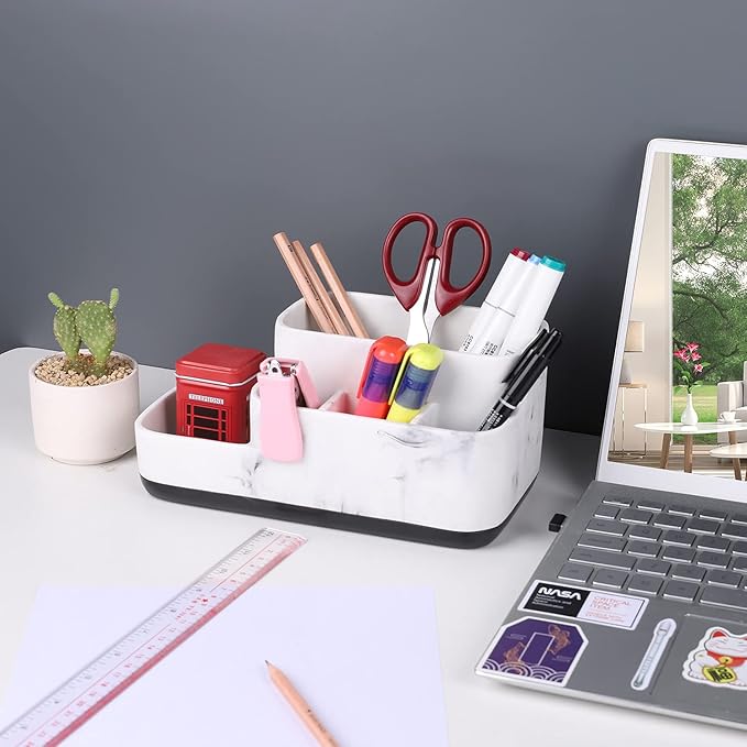 ZCCZ Toothbrush Holder Organizer - Multi-Functional Bathroom Storage for Makeup, Skincare, and Accessories - White Marble Look Countertop Organizer for Sink and Vanity Spaces