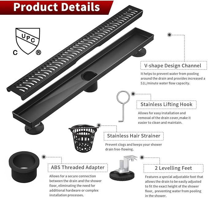 Sharp-tec Shower Drain, 32 inch Linear Shower Drain, Matte Black 304 Stainless Steel Rectangular Shower Floor Drain with Adjustable Leveling Feet, Hair Strainer, cUPC Certified, ST-103-32B