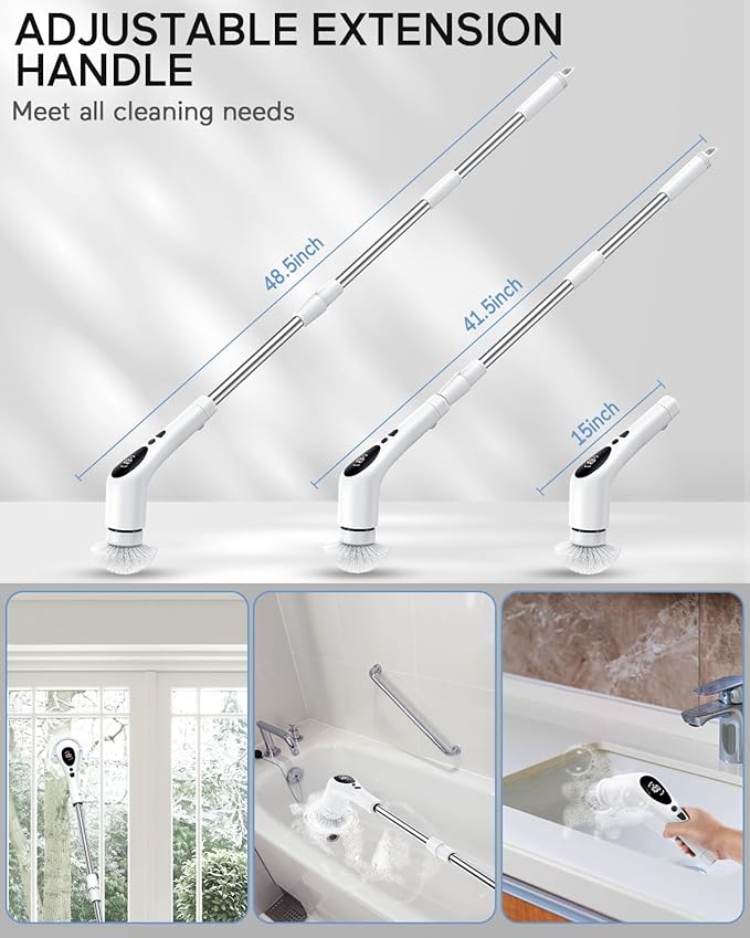 Electric Spin Scrubber, Cordless Voice Prompt Cleaning Brush with 9 Replaceable Brush Heads, 3 Adjustable Speeds Shower Scrubber with Extension Long Handle for Bathroom Floor Tile