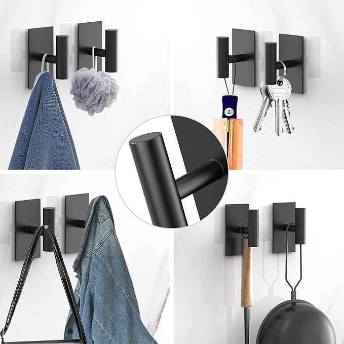 PMMASTO Adhesive Hooks, Matte Black Stainless Steel Sticky Hooks for Hanging, Self Adhesive Shower Wall Hooks, Towel Hooks Heavy Duty for Bathroom, Bedroom RV and Kitchen- 4 PC