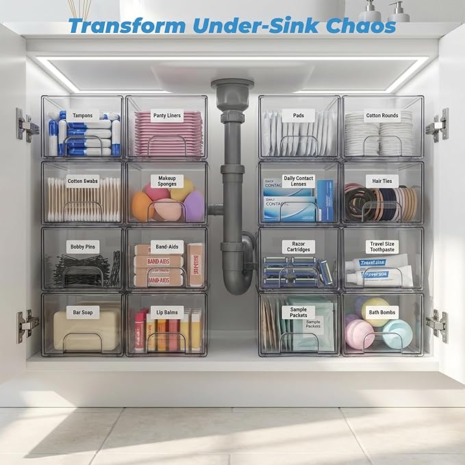 2 Pack Clear Stackable Storage Drawers, Bathroom Organizers and Storage, Makeup Organizer, Acrylic Medicine Cabinet Bins for Vanity, Countertop, Pantry
