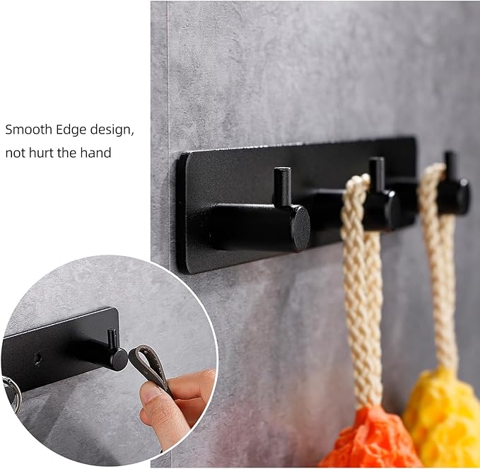 Adhesive Bathroom Black Hook Rail, 3 Matte Black Wall Key Hooks Rack Hanger Towel Robe Stick Door Hooks for Bathroom Toilet Entryway Hallway Kitchen Wall Mounted