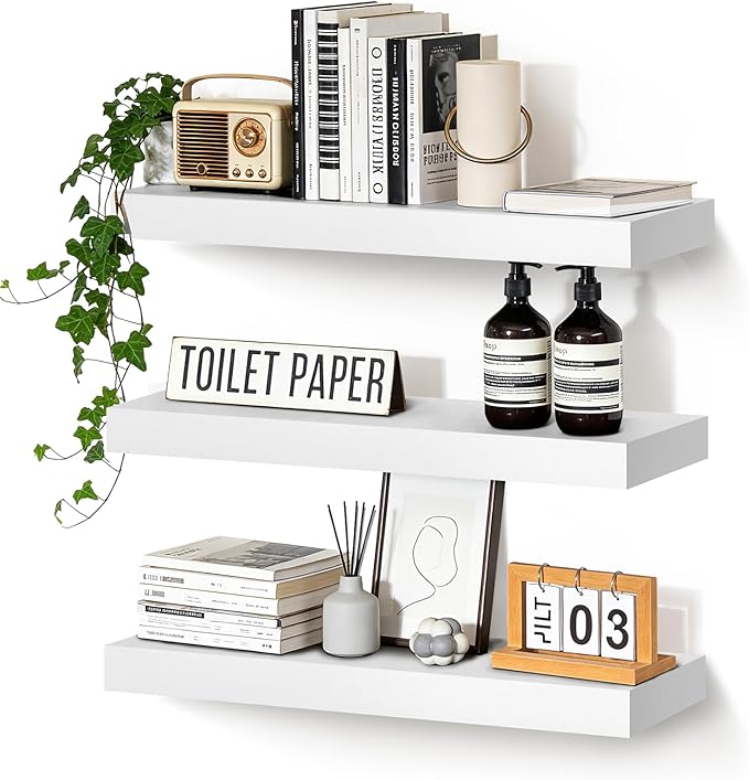 Floating Wall Shelves 24x6.8x1.7 Inch – Solid Wood Rustic Shelves in White Finish – Wall Mounted Display Shelf for Bathroom, Kitchen, Bedroom – Set of 3