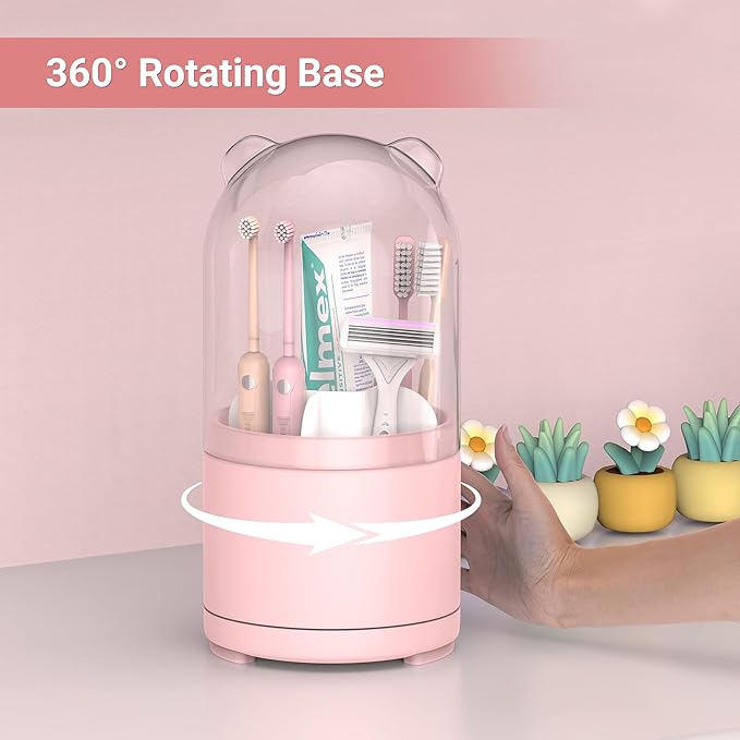 Pink Toothbrush Holders for Bathroom, Kids Rotating Electric Tooth Brush Holder with Lid, Cute Bathroom Toothpaste and Toothbrush Storage Sink Caddy Organizer Countertop Accessories