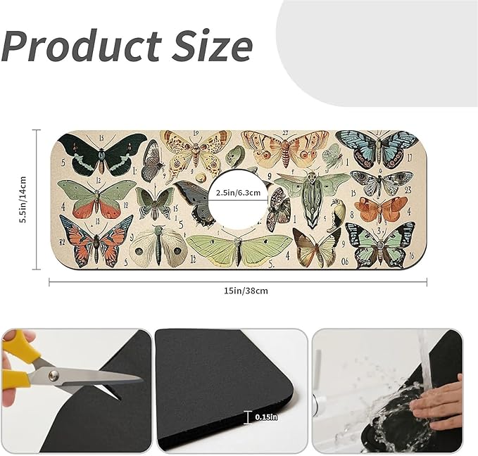 Kitchen Sink Splash Guard，moths and butterflies Faucet Mat Sink Gadgets-Super Absorbent Fast Drying Mat Drip Catcher for Kitchen, Bathroom,Sink Mat, Dish Drying Mat, Bathroom(15" X 5.5" )
