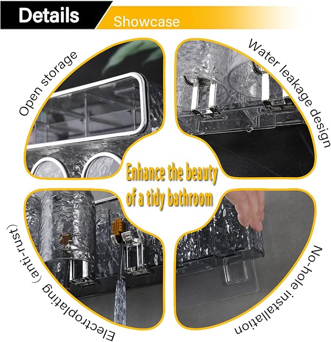 Toothbrush Holders Combo Set for Bathroom，2 Cups Toothbrush Holder Wall Mounted with Organizer，Gift 2 Count Ultra Fine Soft Bristle Crystal Tooth Brush and Wall Mounted Toothpaste Squeezer