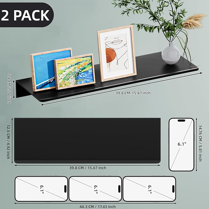 Black Metal Wall Shelves, 15.7" (W), No Drilling, Adhesive Floating Wall Shelf for Living Room, Bedroom, Bathroom, Aluminium Shower Caddy (2 PCS)