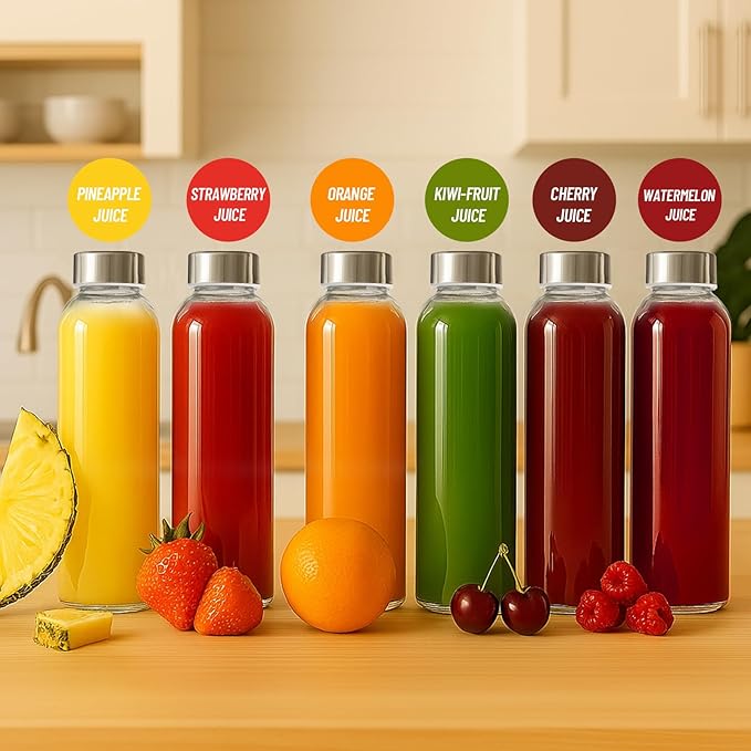 18 oz Clear Glass Water Bottles with Lids, Reusable Glass Juice Bottles with Stainless Steel Cap for Juicing, Refrigerator,100% Leak Proof, BPA Free, Set of 24