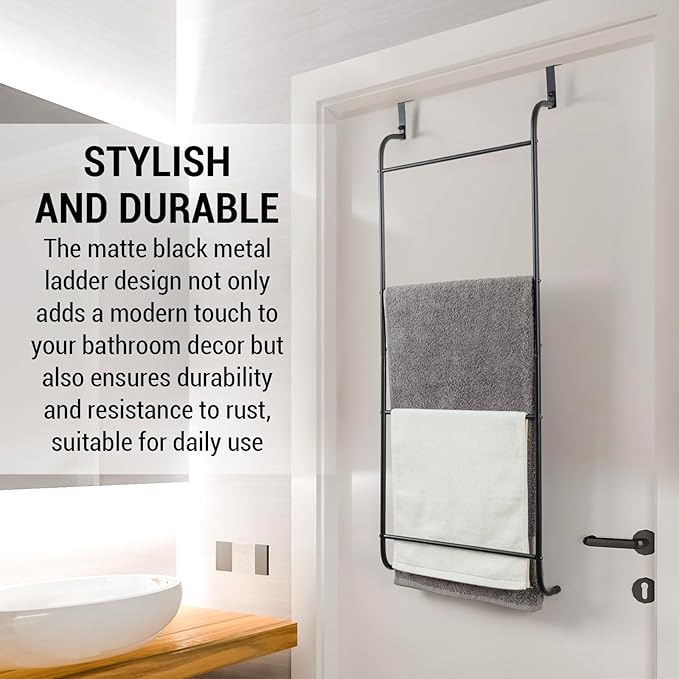 MyGift Black 4 Rung Metal Ladder Over The Door Towel Rack - Bathroom Towel Holder, Over Shower Door Drying Rack for Towels & Blankets