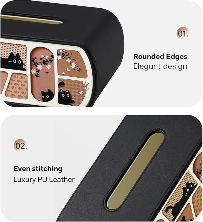 Kitty Cat Tissue Box Cover Rectangle, 4 Inches High Tissue Box Holder for 120(3-Ply)/160(2-Ply) Count Boxes, Stylish Curved Edge Tissue Holder for Bathroom Living Room Car Office (Black)