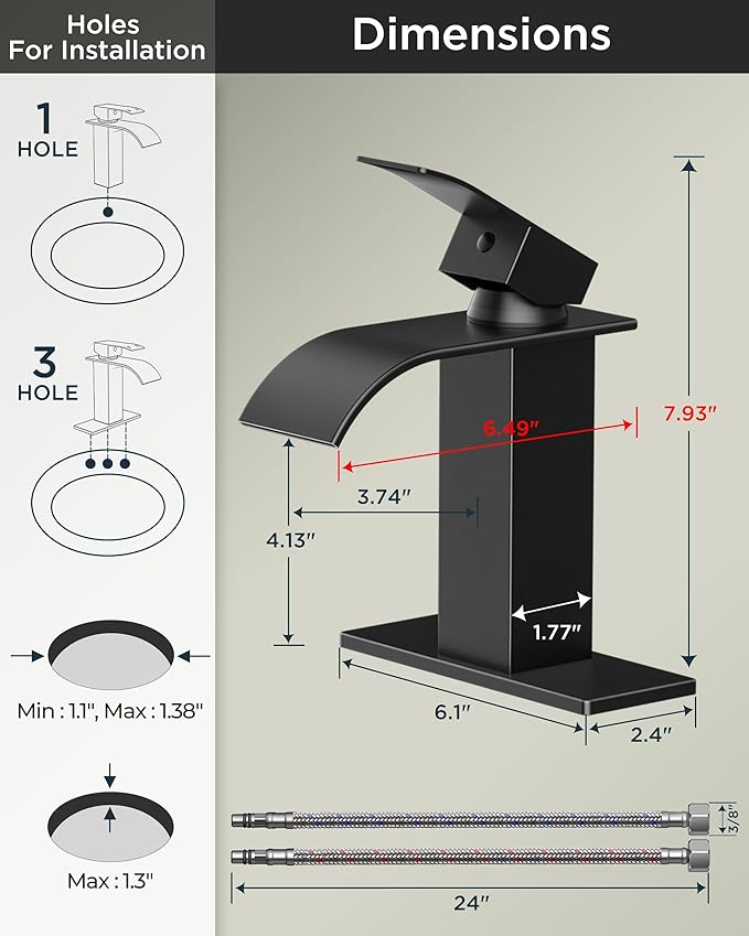 FORIOUS Matte Black Waterfall Bathroom Faucets 1 or 3 Hole, Vanity Single Bathroom Sink Faucet with cUPC Supply Line and Pop Up Drain, Suitable for Basin, Rv, Restroom Sink