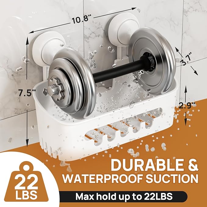 LEVERLOC Shower Caddy Suction Cup, Shower Organizer Removable Bathroom Shelf, Storage Suction Powerful Max Hold 22lbs Bathroom Caddy Waterproof Holder, White