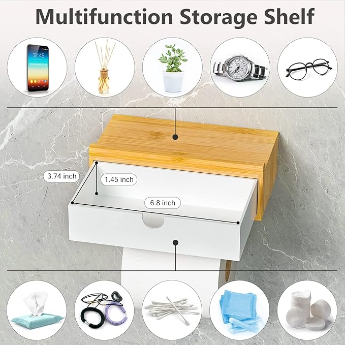 Domax Compact 7.36" Bamboo Toilet Paper Holder with Shelf and Storage Drawer - Wall Mount or Adhesive Bathroom Organizer for Tampons, Small Items, Space-Saving Design, Nature&White