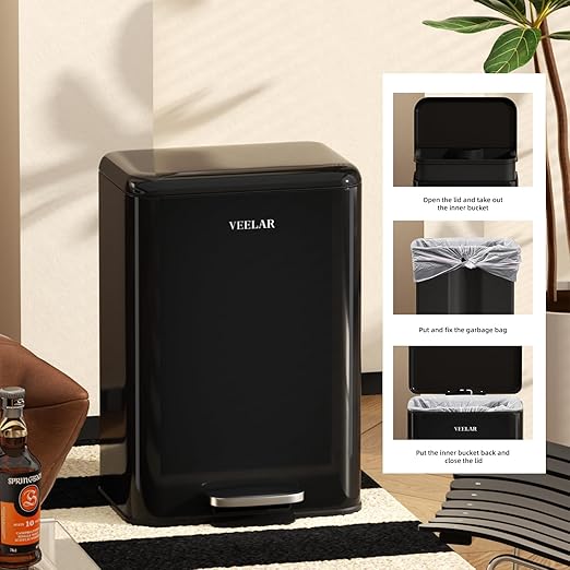 Kitchen Bathroom 5.5Gallon (20L) Trash Can - Stainless Steel Garbage Cans with Foot Pedal, Recycling Bin with Lid for Office Bathroom Decor (Black)