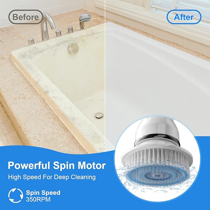 Electric Spin Scrubber, Cordless Floor Scrubber with 5 Replaceable Cleaning Brush Heads and Extension Handle for Tub, Tile, Shower, Kitchen