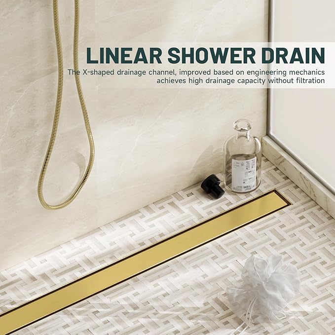 36-Inch Linear Shower Floor Drain, Stainless Steel Bathroom Floor Drains, Rectangular Shower Trench Floor Drain, Hair Strainer, Brushed Gold