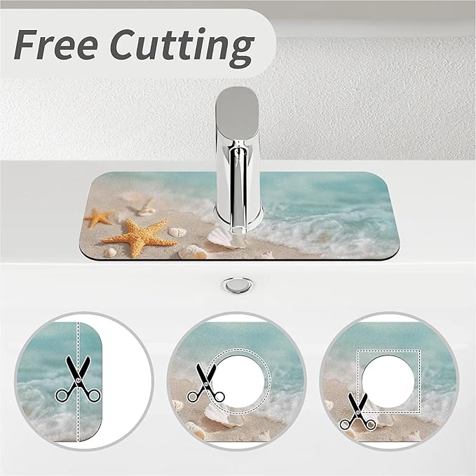 Kitchen Sink Splash Guard，Starfish and shells Faucet Mat Sink Gadgets-Super Absorbent Fast Drying Mat Drip Catcher for Kitchen, Bathroom,Sink Mat, Dish Drying Mat, Bathroom(15" X 5.5" )