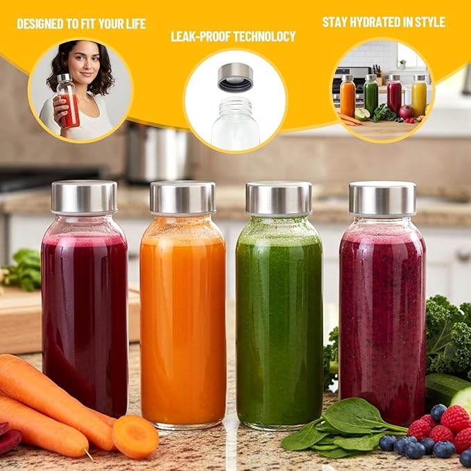 10 oz Clear Glass Bottle with Lid, Reusable Glass Water Bottles with Stainless Steel Cap & Straws for Juicing, Milk, Ginger & Smoothies, Refrigerator, Leak-Proof, Juice Containers Set of 6