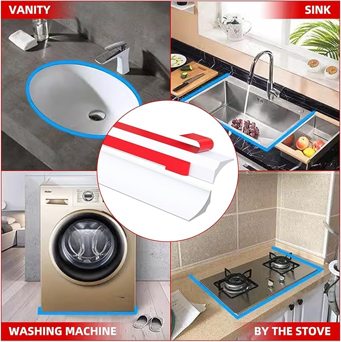 Shower Threshold Water Dam, 98" White Silicone Flexible Water Barrier Seal Strip, Self Adhesive Splash Guard for Sink Tops, Bathroom, Showers