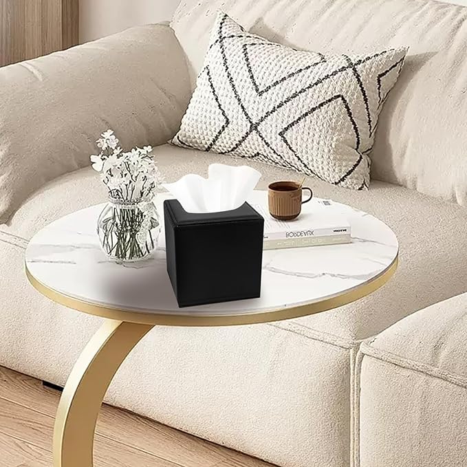PU Leather Tissue Box Cover with Magnetic Closure,Square Tissue Box Holder with Magnetic Closure at The Bottom，Used for Bathroom Vanity Countertop Night Stands Bedroom Office Desk and Offices-Black
