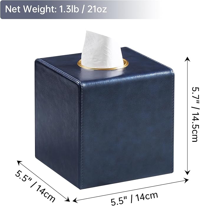 Square Tissue Box Cover, Luxury PU Leather Tissue Holder with Magnetic Closure (Navy Blue)