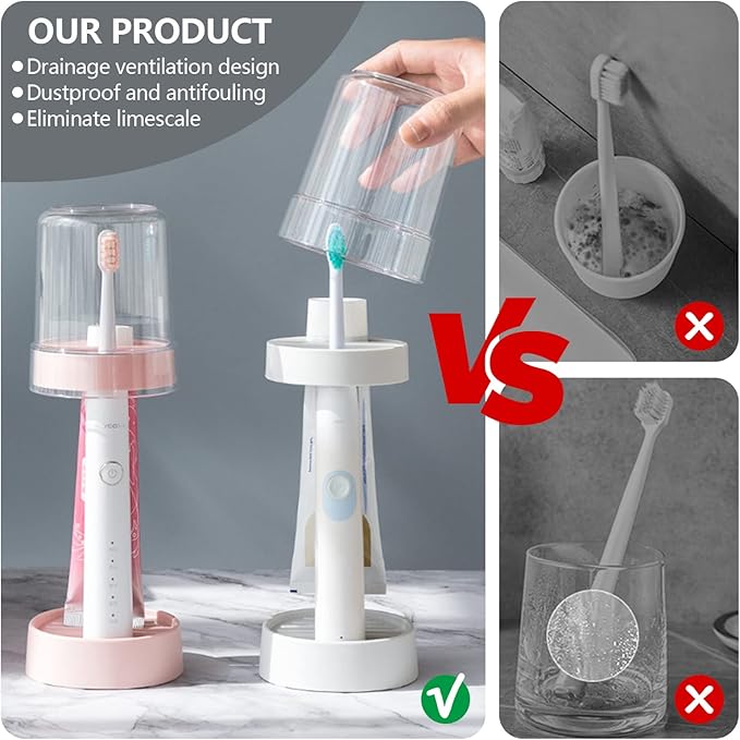 Toothbrush Holder with Tooth Brush Cup/Cover, Toothpaste Holder Stand for Regular and Electric Toothbrushes, Dental Storage Organizer Holders for Bathroom Countertop (White)