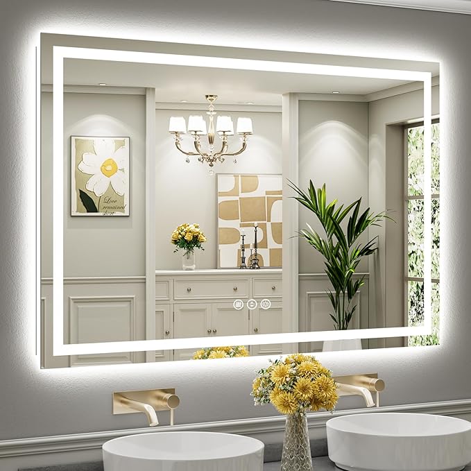60x40 Inch LED Bathroom Mirror with Lights, Backlit & Front Lit, Anti-Fog Lighted Bathroom Vanity Mirror for Wall, Memory Function, Dimmable, HD Tempered Glass, Shatter-Proof
