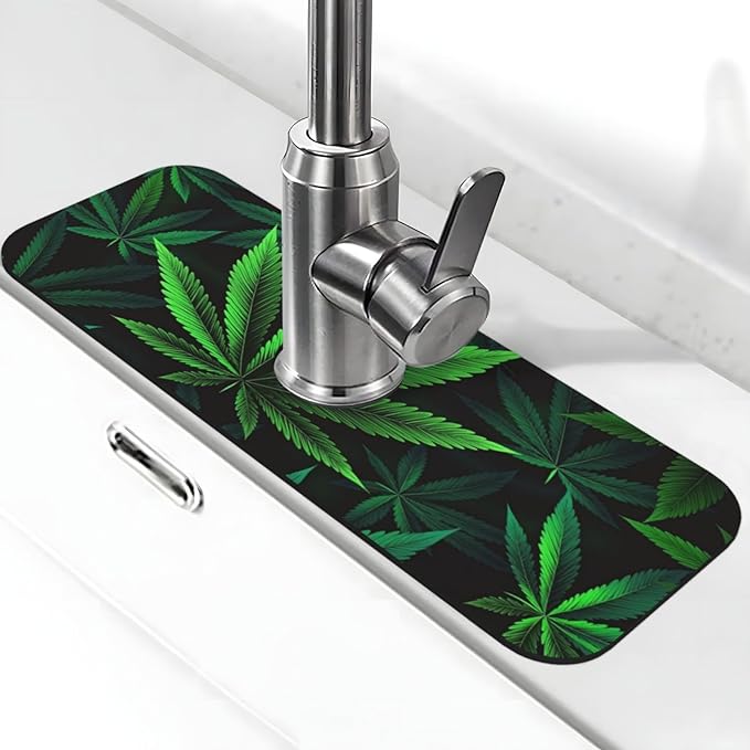 Cannabis Leaf 15" X 5.5" Kitchen Sink Splash Guard, Faucet Guard Draining Mat, Faucet Suction Pad For Kitchen Bathroom