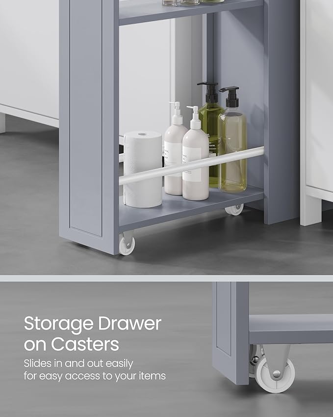 VASAGLE Slim Storage Cabinet, Narrow Storage Organizer with Slide Out Drawers, Freestanding Toilet Paper Holder, Small Space Skinny Cabinet for Bathroom Kitchen Corner, Dove Gray UBBC847G02