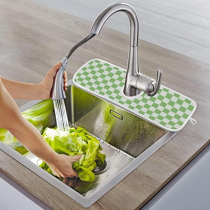 2 PCS Kitchen Sink Splash Guard 14.9 Inch Faucet Mat for Kitchen Sink Bathroom Sink Faucet Absorbing Drip Drain Mat Pad Microfiber Soft Washable Checkered Green and White