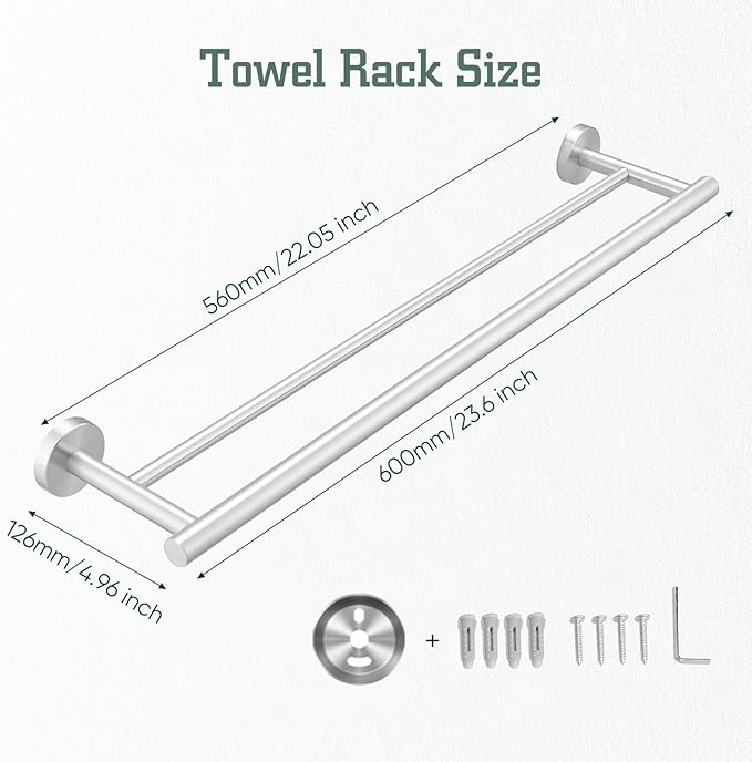 Towel Rack for Bathroom, 24 Inch Dual Towel Bar, Stainless Steel Wall Mounted Towel Holder Modern Home Decor Bathroom Accessories, Brushed Nickel
