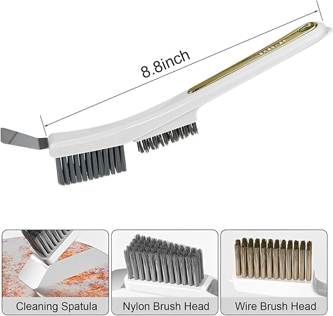 Multifunctional Cleaning Brush with Nylon & Wire Brush and Cleaning Spatula, Long Handle Brushes for Bathroom, Kitchen, Grout, and Tile Deep Cleaning, 2 Pack (Green+Yellow)