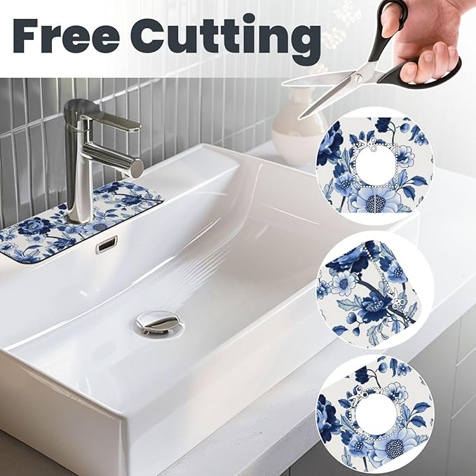 Blue Floral 15" X 5.5" Kitchen Sink Splash Guard, Faucet Guard Draining Mat, Faucet Suction Pad For Kitchen Bathroom