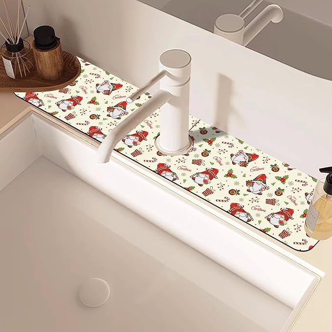 Christmas Santa Claus Kitchen Sink Splash Guard Mat Absorbent Fast Drying Mat Faucet Draining Mat Sink Splash Guard Behind Faucet Drip Catcher for Kitchen Bathroom 5.5"×24"