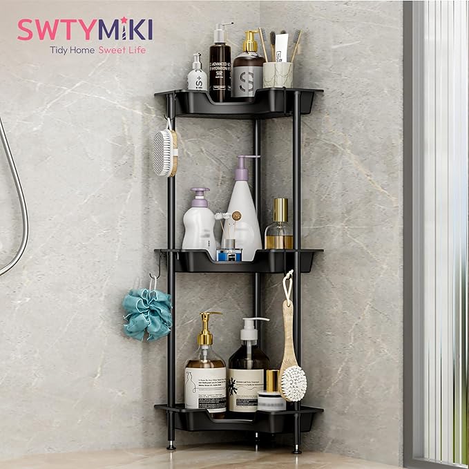 SWTYMIKI Corner Shower Caddy Standing - 3 Tier Rustproof Plastic Shower Caddy, Floor Corner Shelf, Free Standing Rack Storage Stands for Bathroom, Black