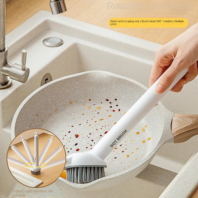 Pot Brush - 360° Rotatable Long Handle Cleaner, Kitchen Scrub Brush | Dishwashing Tool for Toilet Bathroom Shower Sink Pan Skillet Grout Tile Stove Tub Home